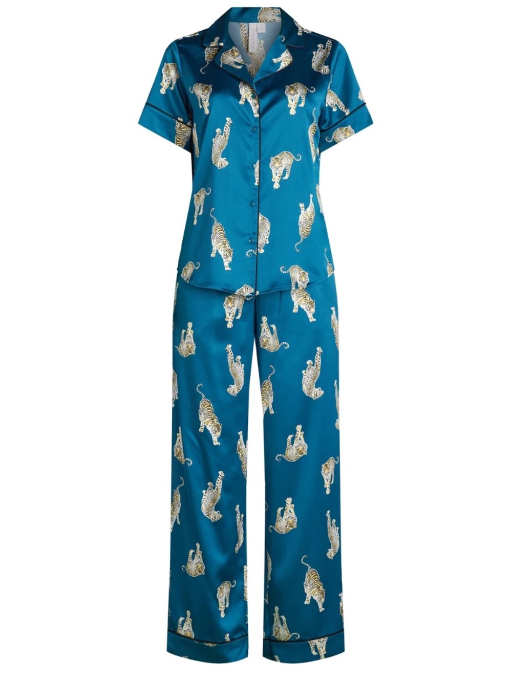 Joyspun Teal Satin Wide-Leg Pajama Pants & Top Set with Tiger Print - XL